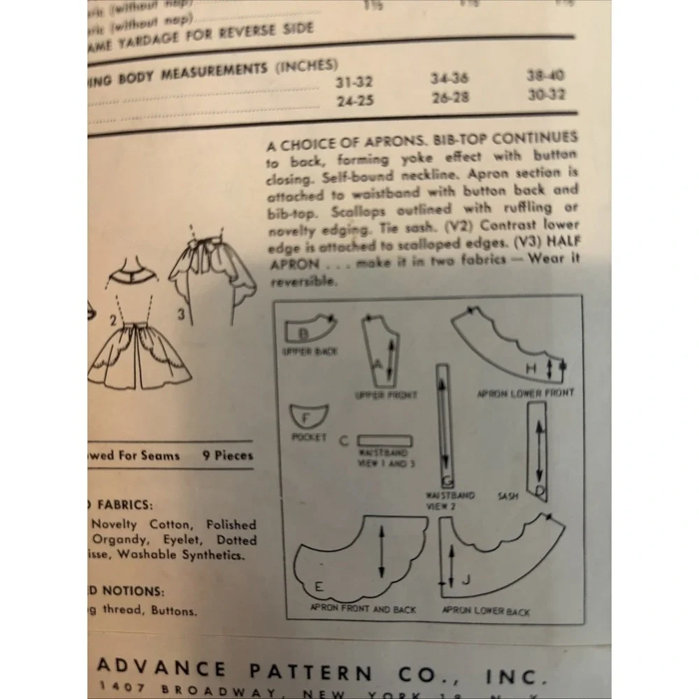 Vintage 1956 Advance 8162 Apron Sewing Pattern Size Medium Misses 34-36 Bust